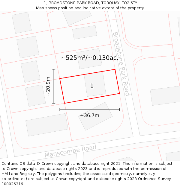 1, BROADSTONE PARK ROAD, TORQUAY, TQ2 6TY: Plot and title map