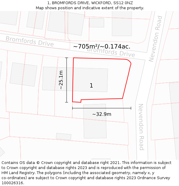 1, BROMFORDS DRIVE, WICKFORD, SS12 0NZ: Plot and title map