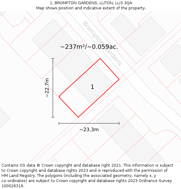 1, BROMPTON GARDENS, LUTON, LU3 3QA: Plot and title map