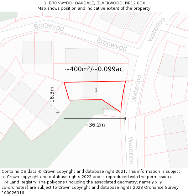 1, BRONWYDD, OAKDALE, BLACKWOOD, NP12 0GX: Plot and title map