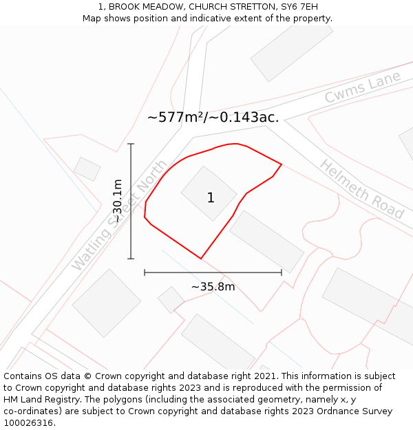 1, BROOK MEADOW, CHURCH STRETTON, SY6 7EH: Plot and title map