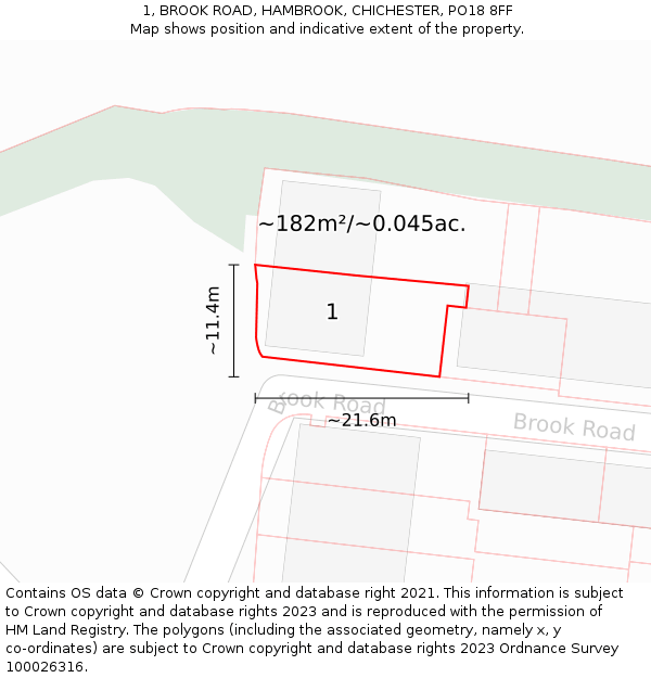 1, BROOK ROAD, HAMBROOK, CHICHESTER, PO18 8FF: Plot and title map