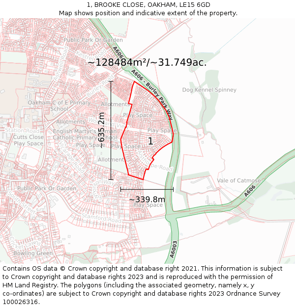 1, BROOKE CLOSE, OAKHAM, LE15 6GD: Plot and title map