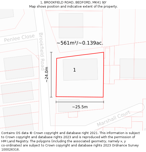 1, BROOKFIELD ROAD, BEDFORD, MK41 9JY: Plot and title map