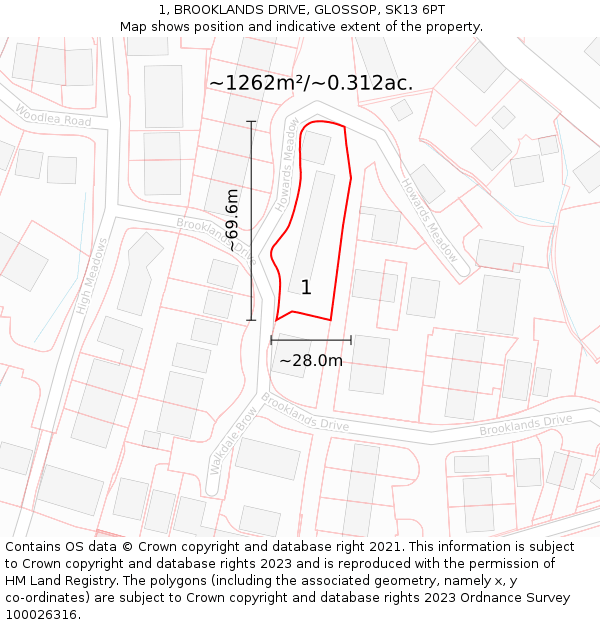 1, BROOKLANDS DRIVE, GLOSSOP, SK13 6PT: Plot and title map