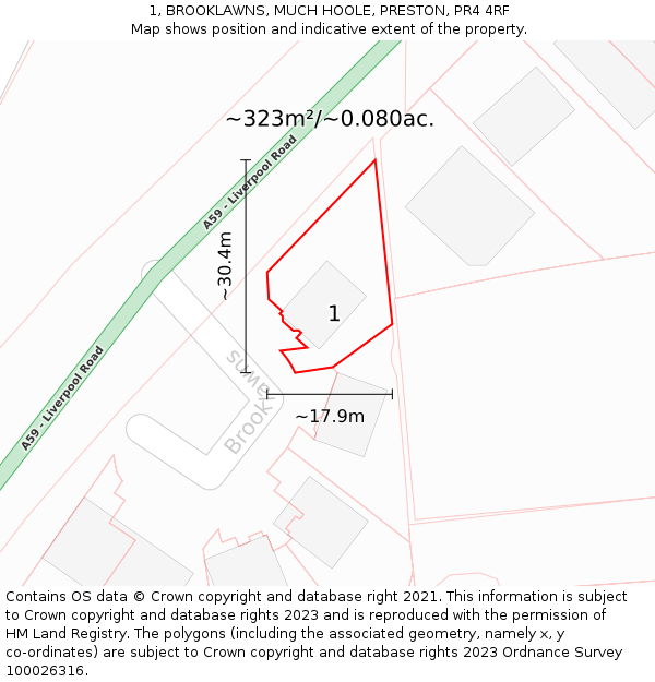 1, BROOKLAWNS, MUCH HOOLE, PRESTON, PR4 4RF: Plot and title map