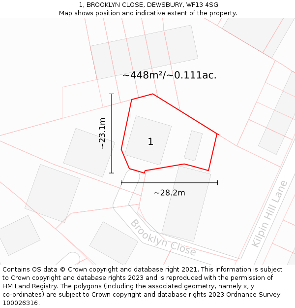 1, BROOKLYN CLOSE, DEWSBURY, WF13 4SG: Plot and title map