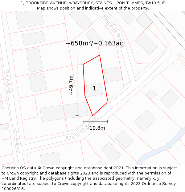 1, BROOKSIDE AVENUE, WRAYSBURY, STAINES-UPON-THAMES, TW19 5HB: Plot and title map