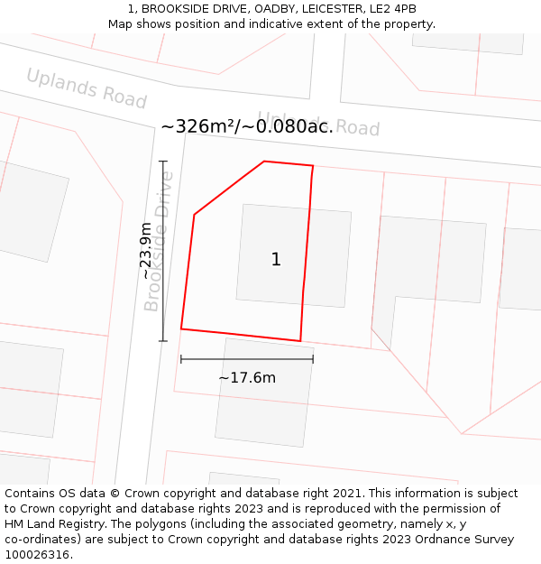 1, BROOKSIDE DRIVE, OADBY, LEICESTER, LE2 4PB: Plot and title map