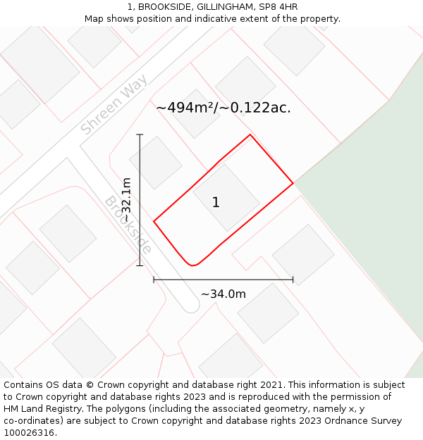 1, BROOKSIDE, GILLINGHAM, SP8 4HR: Plot and title map