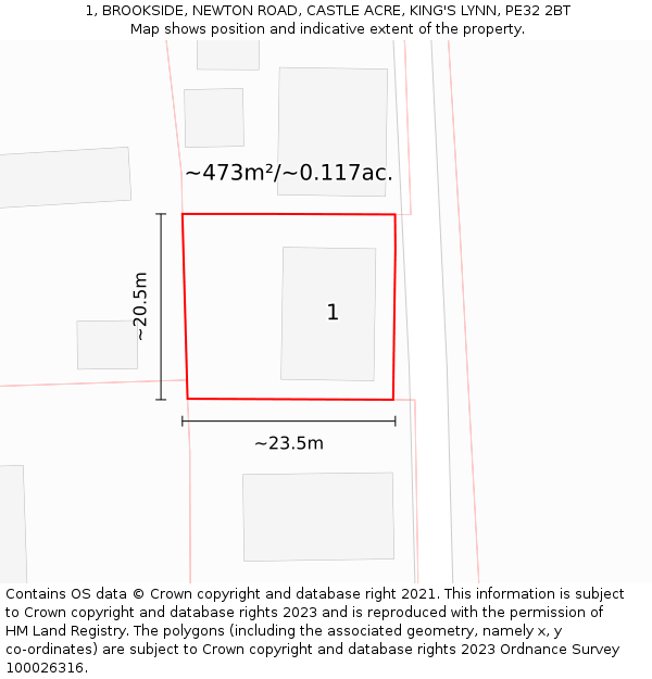 1, BROOKSIDE, NEWTON ROAD, CASTLE ACRE, KING'S LYNN, PE32 2BT: Plot and title map