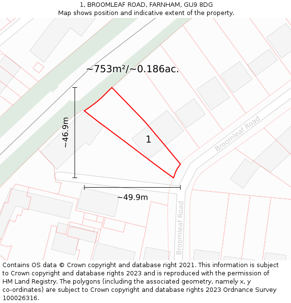 1, BROOMLEAF ROAD, FARNHAM, GU9 8DG: Plot and title map