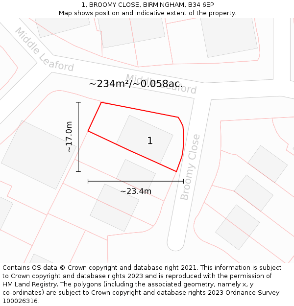 1, BROOMY CLOSE, BIRMINGHAM, B34 6EP: Plot and title map