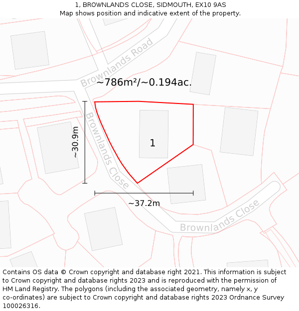 1, BROWNLANDS CLOSE, SIDMOUTH, EX10 9AS: Plot and title map