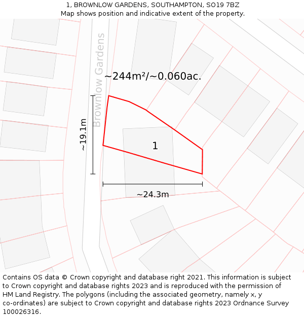 1, BROWNLOW GARDENS, SOUTHAMPTON, SO19 7BZ: Plot and title map