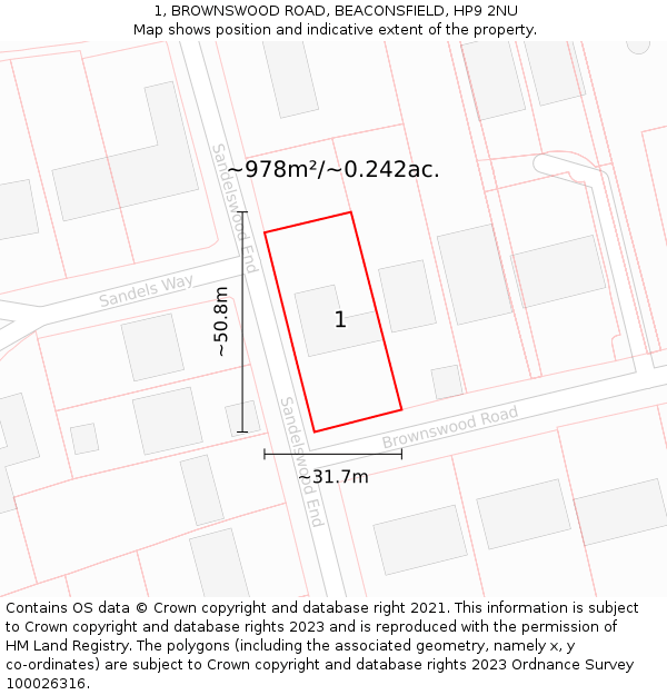 1, BROWNSWOOD ROAD, BEACONSFIELD, HP9 2NU: Plot and title map