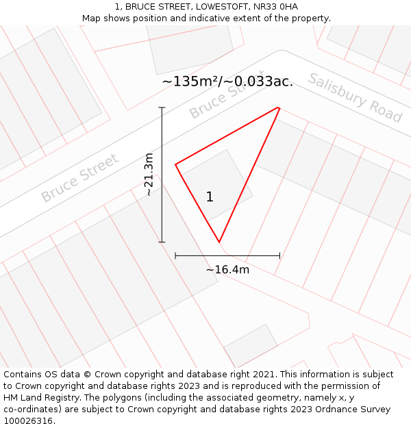 1, BRUCE STREET, LOWESTOFT, NR33 0HA: Plot and title map