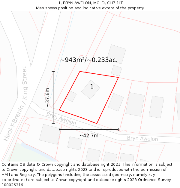 1, BRYN AWELON, MOLD, CH7 1LT: Plot and title map