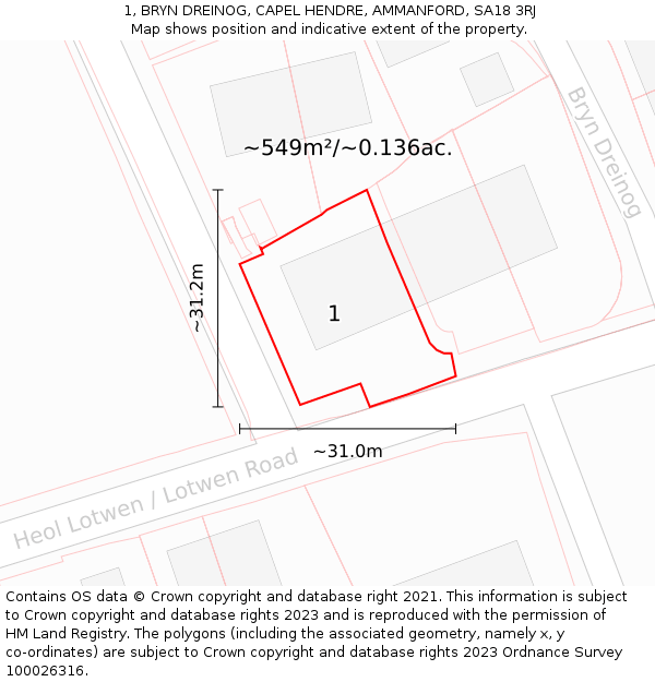 1, BRYN DREINOG, CAPEL HENDRE, AMMANFORD, SA18 3RJ: Plot and title map