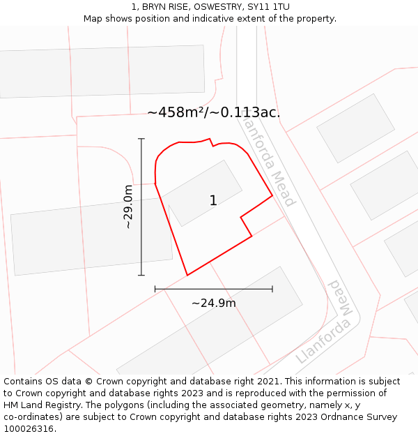 1, BRYN RISE, OSWESTRY, SY11 1TU: Plot and title map