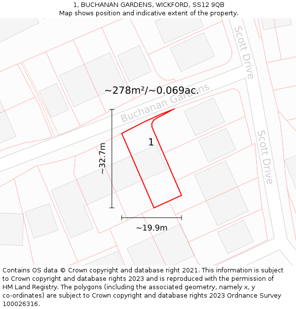 1, BUCHANAN GARDENS, WICKFORD, SS12 9QB: Plot and title map