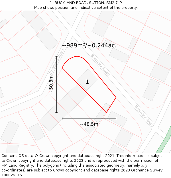 1, BUCKLAND ROAD, SUTTON, SM2 7LP: Plot and title map