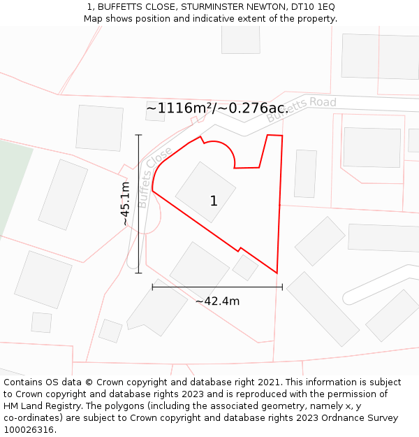 1, BUFFETTS CLOSE, STURMINSTER NEWTON, DT10 1EQ: Plot and title map