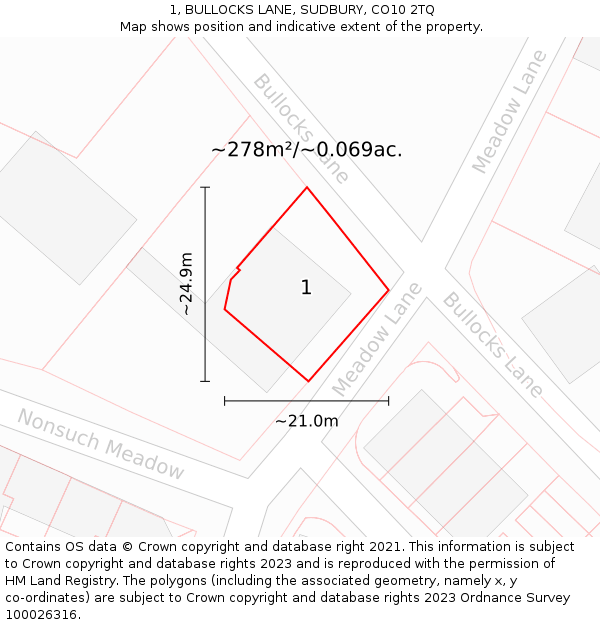 1, BULLOCKS LANE, SUDBURY, CO10 2TQ: Plot and title map