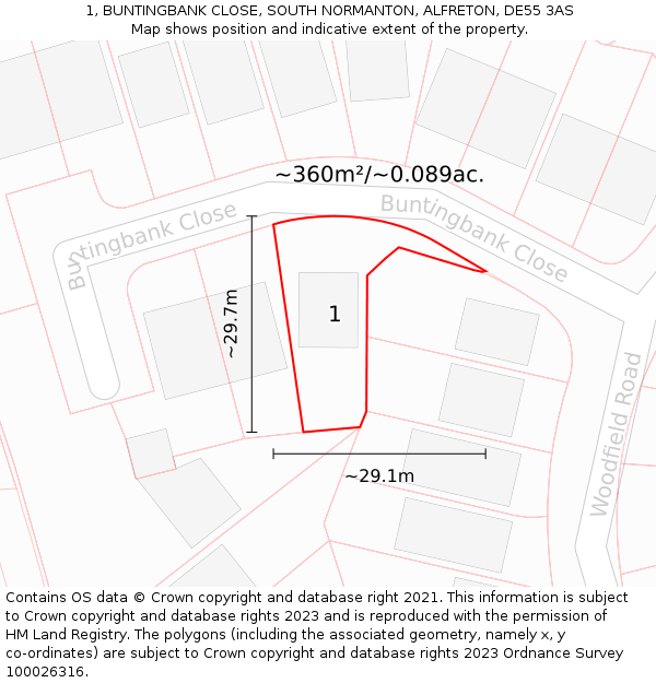 1, BUNTINGBANK CLOSE, SOUTH NORMANTON, ALFRETON, DE55 3AS: Plot and title map