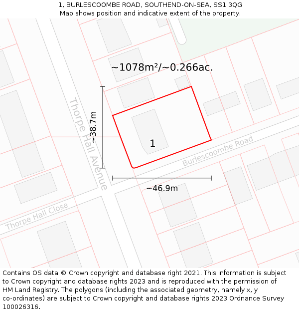 1, BURLESCOOMBE ROAD, SOUTHEND-ON-SEA, SS1 3QG: Plot and title map