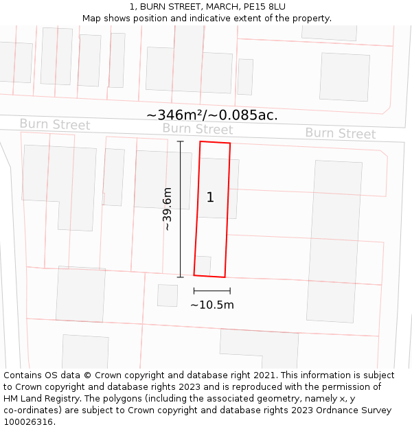 1, BURN STREET, MARCH, PE15 8LU: Plot and title map