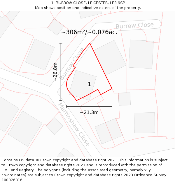 1, BURROW CLOSE, LEICESTER, LE3 9SP: Plot and title map