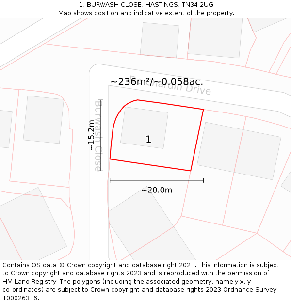 1, BURWASH CLOSE, HASTINGS, TN34 2UG: Plot and title map