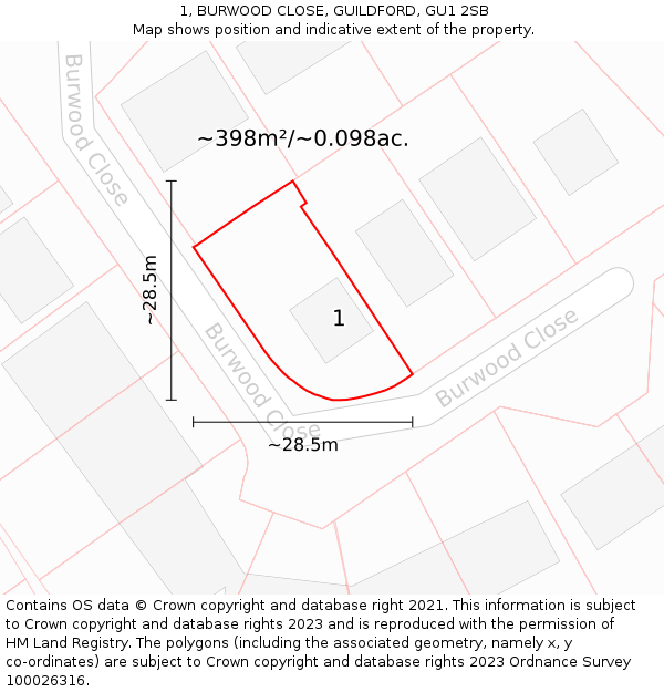 1, BURWOOD CLOSE, GUILDFORD, GU1 2SB: Plot and title map