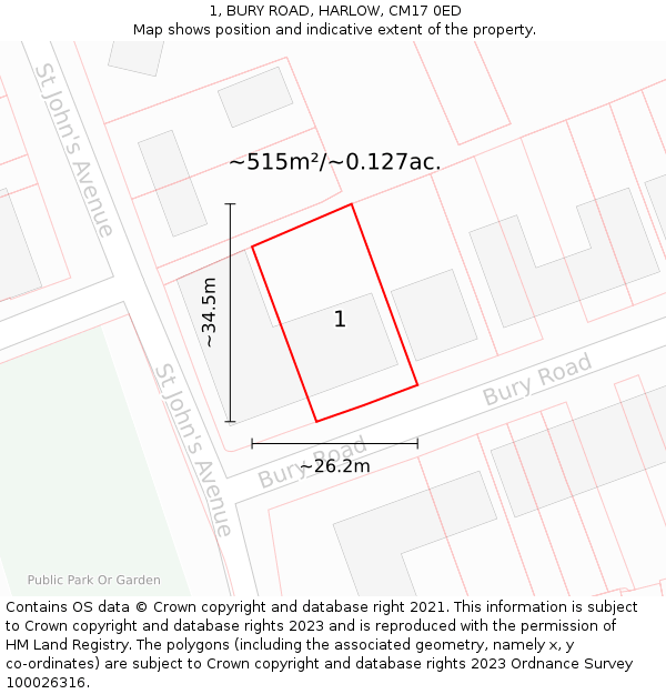 1, BURY ROAD, HARLOW, CM17 0ED: Plot and title map