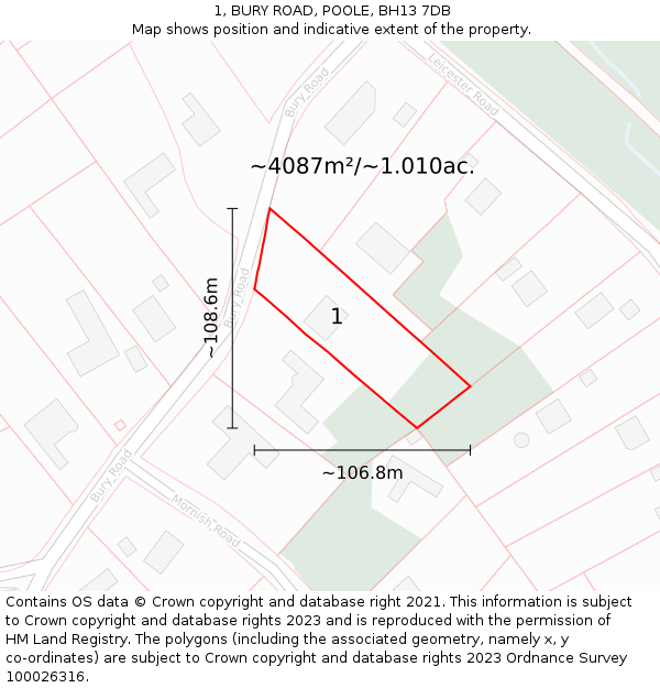 1, BURY ROAD, POOLE, BH13 7DB: Plot and title map