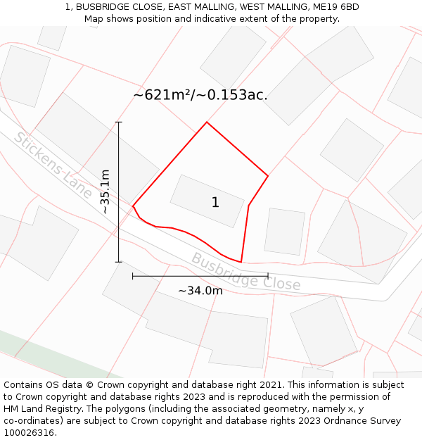 1, BUSBRIDGE CLOSE, EAST MALLING, WEST MALLING, ME19 6BD: Plot and title map