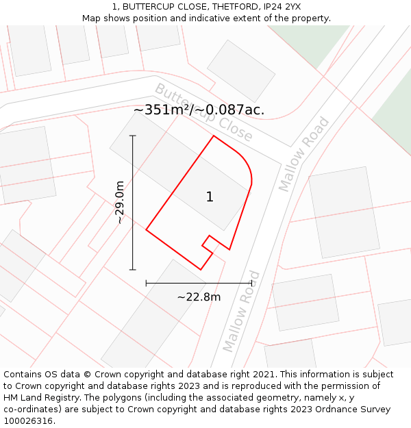 1, BUTTERCUP CLOSE, THETFORD, IP24 2YX: Plot and title map