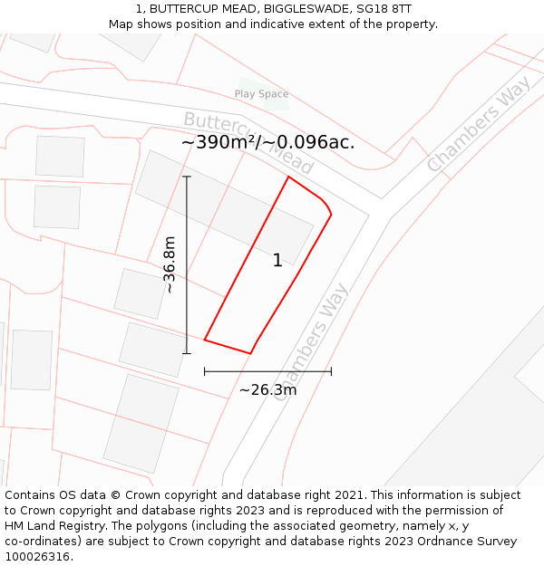 1, BUTTERCUP MEAD, BIGGLESWADE, SG18 8TT: Plot and title map