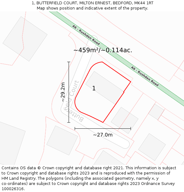 1, BUTTERFIELD COURT, MILTON ERNEST, BEDFORD, MK44 1RT: Plot and title map