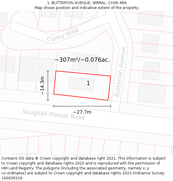 1, BUTTERTON AVENUE, WIRRAL, CH49 4RA: Plot and title map