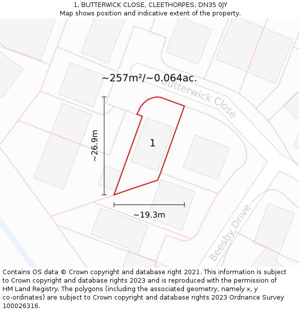 1, BUTTERWICK CLOSE, CLEETHORPES, DN35 0JY: Plot and title map