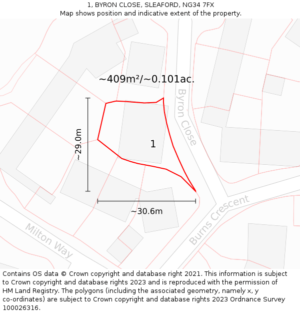 1, BYRON CLOSE, SLEAFORD, NG34 7FX: Plot and title map