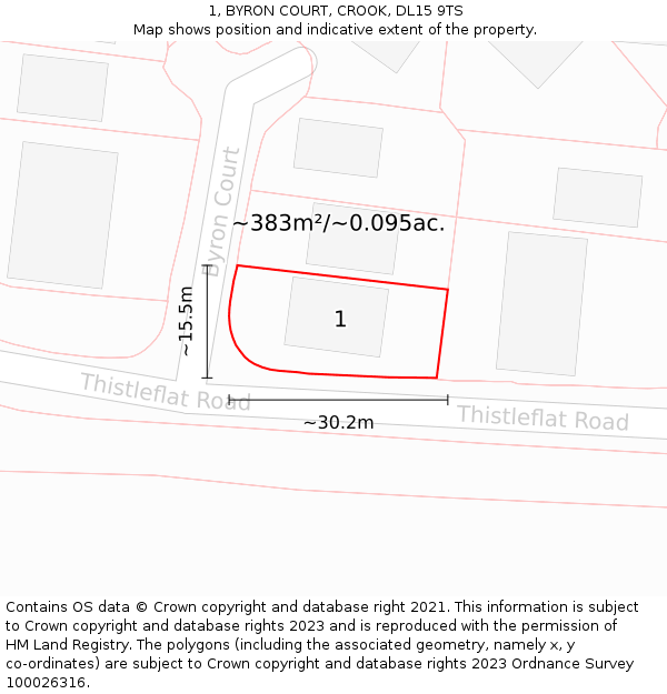 1, BYRON COURT, CROOK, DL15 9TS: Plot and title map