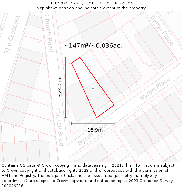 1, BYRON PLACE, LEATHERHEAD, KT22 8AX: Plot and title map