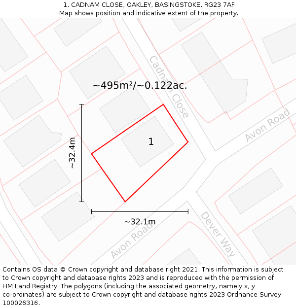 1, CADNAM CLOSE, OAKLEY, BASINGSTOKE, RG23 7AF: Plot and title map