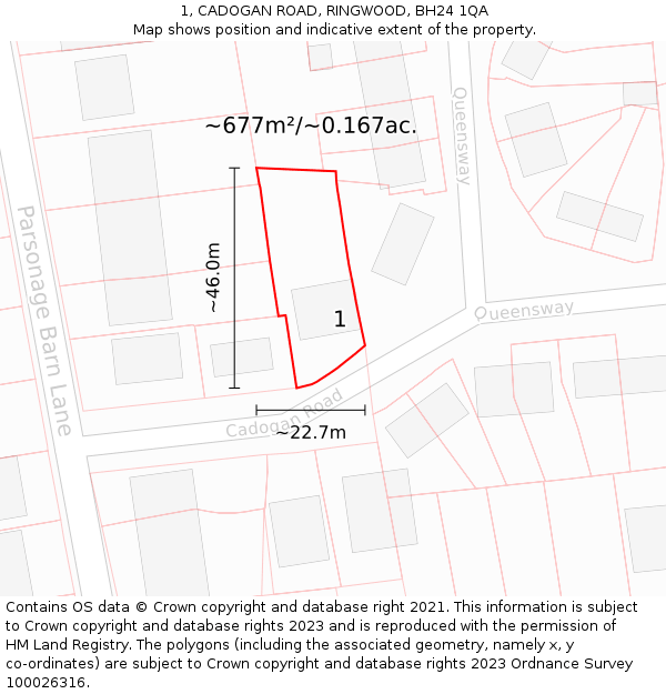 1, CADOGAN ROAD, RINGWOOD, BH24 1QA: Plot and title map