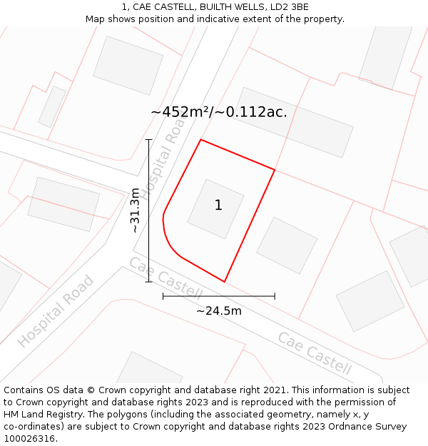 1, CAE CASTELL, BUILTH WELLS, LD2 3BE: Plot and title map