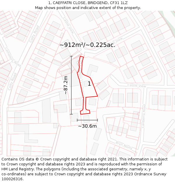 1, CAEFFATRI CLOSE, BRIDGEND, CF31 1LZ: Plot and title map