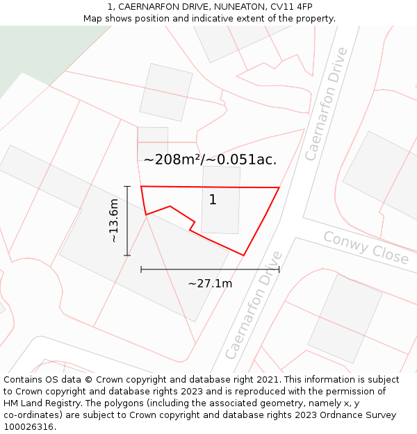 1, CAERNARFON DRIVE, NUNEATON, CV11 4FP: Plot and title map